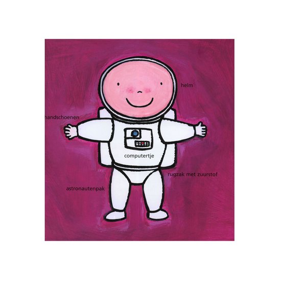 Illustratie van een astronaut met de tekst 'helm', 'handschoenen', 'astronautpak' en 'rugzak met zuurstof'.