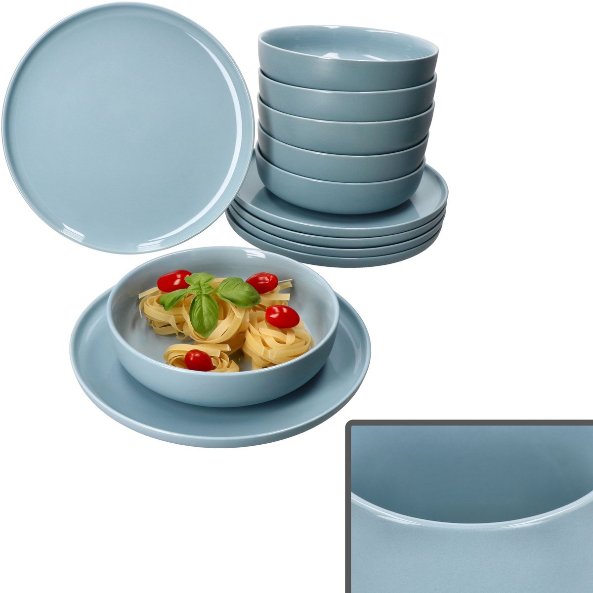 12-delig Jasper grijs-blauw steengoed servies - 6x 414196 & 6x 414226