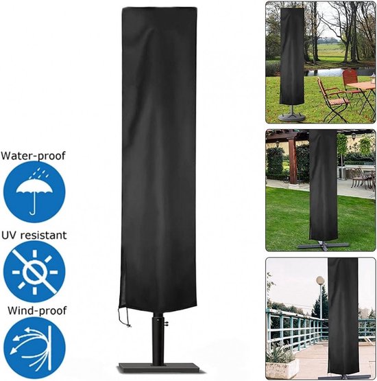 Zwarte parasolhoes met een standaardvoet. Waterdicht, UV-bestendig en winddicht.