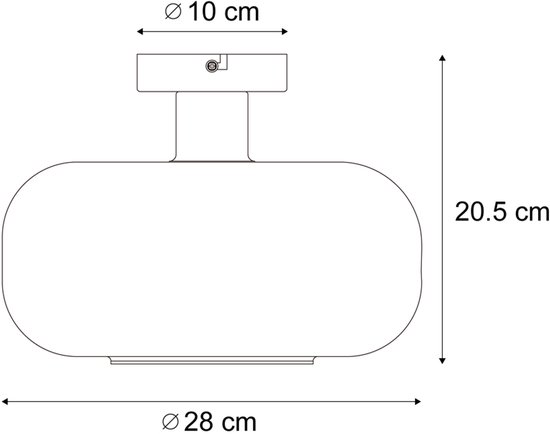 Technische tekening van een groene glazen plafondlamp met afmetingen.