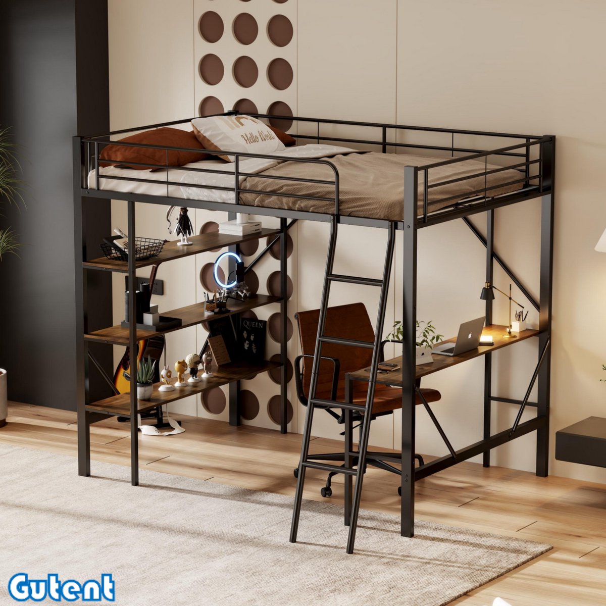 Gutent Hoogslaper - 90x200 cm-Iron bed-met bureau en drie grote planken-Zwart-Geen matras-Geen stoel