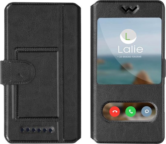 Étui noir en cuir pour téléphone avec fenêtre pour appels entrants, informations de contact visibles et boutons de commande.