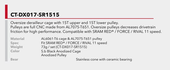 Cage de dérailleur surdimensionnée FOURIERS (CT-DX017-SR1515) - Usinée CNC - Cage et poulie en aluminium - 15 dents/15 dents - Roulements en céramique - Zwart - SRAM RED / SRAM FORCE / SRAM RIVAL (11 vitesses / max. 28 dents)