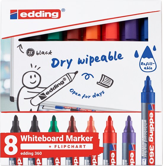 edding 360 whiteboardmarker set - diverse kleuren - 8 whiteboard stiften - ronde punt 1,5 - 3 mm - boardmarker uitwisbaar - voor whiteboard, flipchart, prikbord, memobord - sketchnotes - navulbaar - in kartonnen verpakking