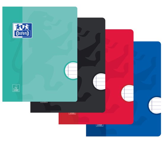 Vier Oxford notitieboeken in turkoois, zwart, rood en blauw met een leeuwenprint en 'Oxford' logo.