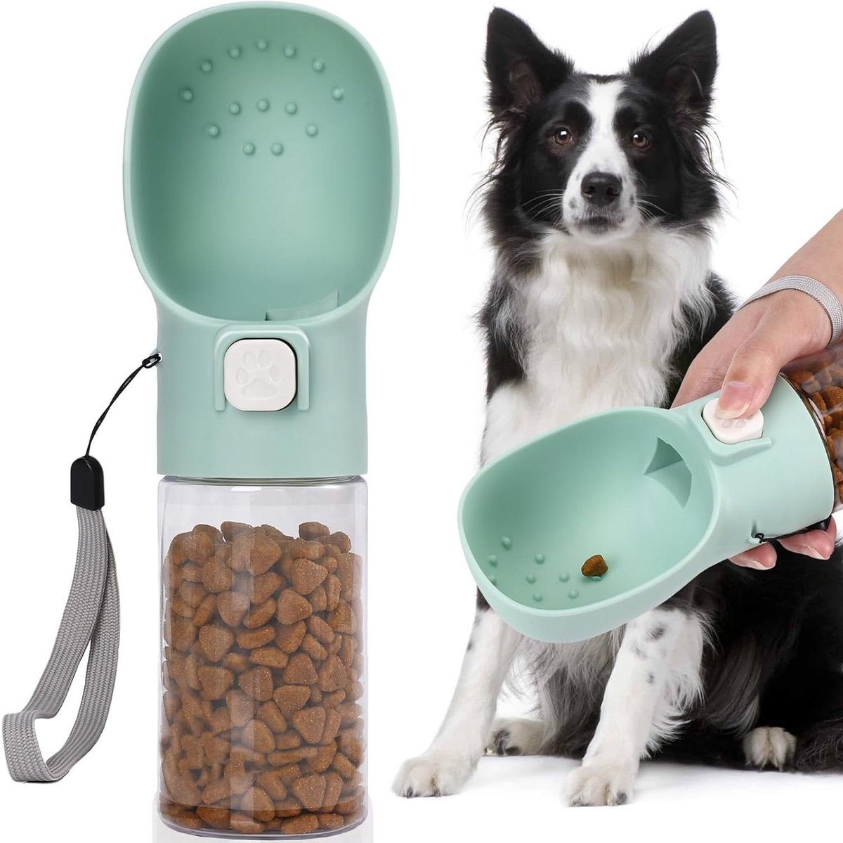 Handbediende dispenser voor hondenvoer en traktatie met ingebouwde clicker en traktatiezakje (10 oz groen)