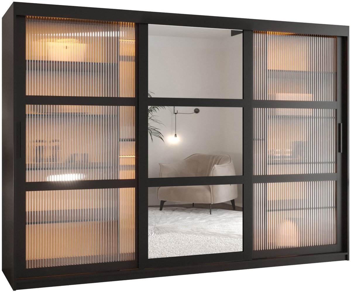 AJE Meubles B.V. Zweefdeurkast Kledingkast met 3 schuifdeuren glanzen slaapkamerkast Kledingstang met planken Garderobekast met geribbeld glas - ARTON 2 (250 cm, Zwart)