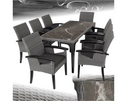 tectake® Wicker meubelset - 8 stoelen en 1 tafel - Moderne en weerbestendige stoelen (Draagkracht 150 kg) met eettafel in marmerlook ((LxBxH) 196 x 87 x 76 cm) - Eetkamer lounge - Tuinmeubelen voor balkon, terras en buitenkeuken - Grijs