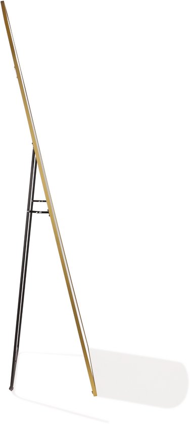 Gouden spiegel met zwart metalen frame, van de zijkant gezien.
