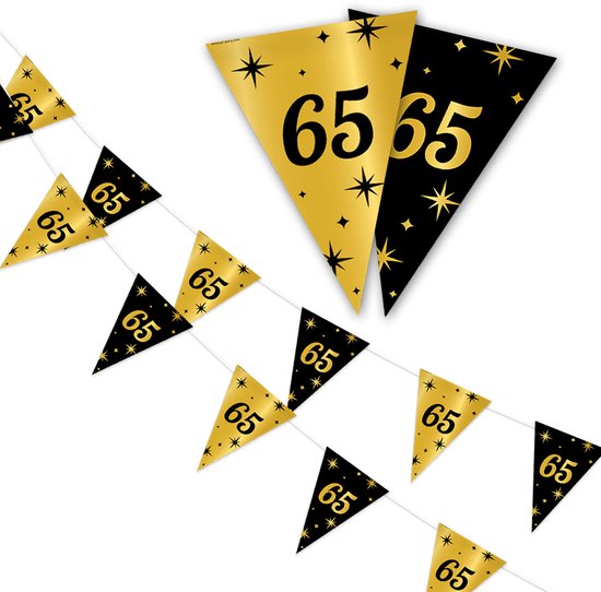 Gouden en zwarte slingervlaggen met het cijfer 65 en sterrenpatronen.
