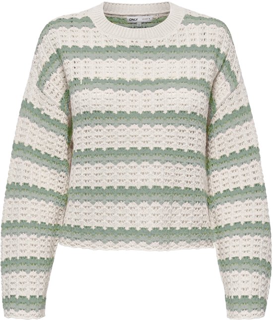 Pull en tricot blanc et vert à rayures, texture ajourée.
