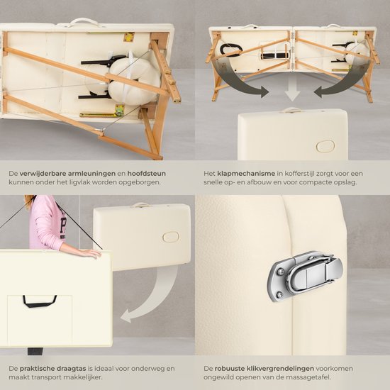 tectake® Draagbare Massagetafel - 3 Zones - Opvouwbaar en Verstelbaar - Voor Massage, Fysiotherapie en Tattoo - Incl. Draagtas - Beige