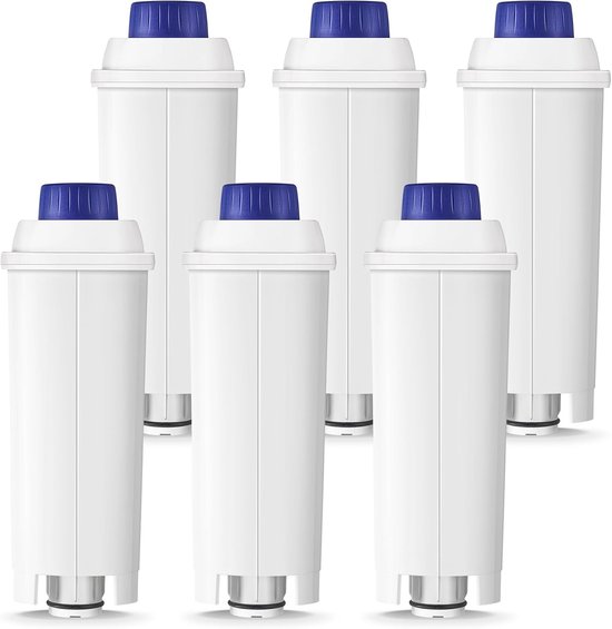 Zes witte waterfilters met blauwe doppen, staand op een witte achtergrond.