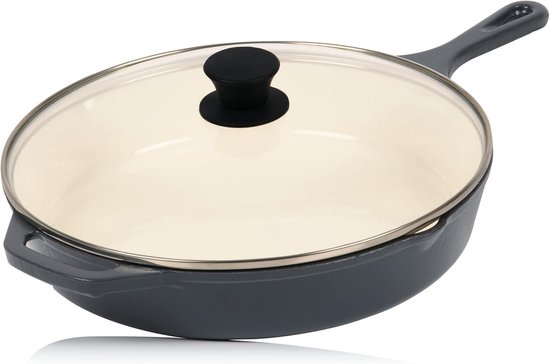 Mahlzeit geëmailleerde gietijzeren pan met deksel, 4,8 liter, zonnig oranje, 2-in-1 braadpan met pan, geschikt voor oven en inductie, dubbele pan