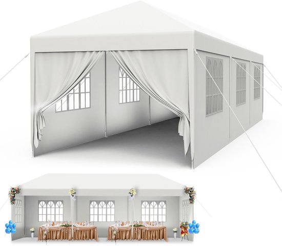 Paviljoen, 3 x 9 m, partytent, stabiel, waterdicht, winterbestendig, uv-bescherming, tuinpaviljoen, feesttent, biertent, campingtent met zijdelen en ramen, voor tuin en camping, wit