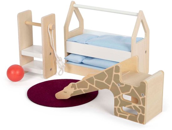 Poppenhuis inrichting: stapelbed, wc met giraffendessin, ronde mat, bal en eenrekje.
