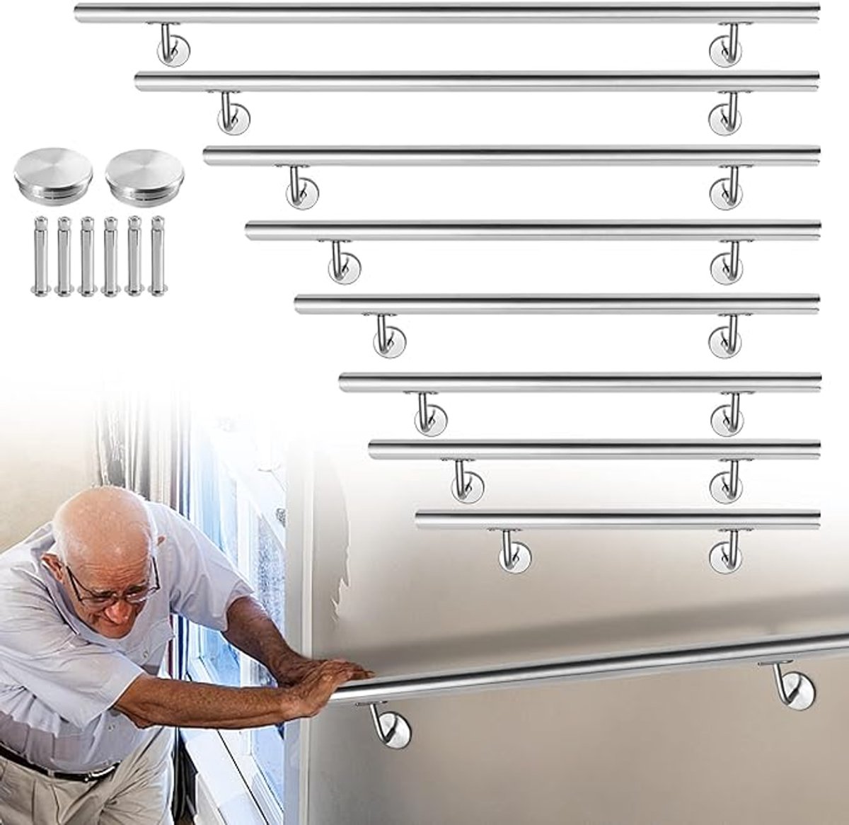 NAIZY leuning roestvrij staal 150cm leuning buiten & binnen trap leuning met aansluiting muur leuning, voor trap balkon balustrade