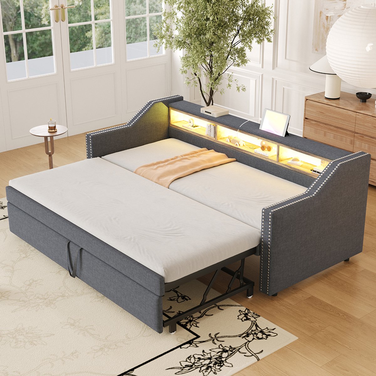 Pugsdrly Eenpersoonsbed Volwassen bed Enkel bed Sofa bed 90/180 x 190 cm LED licht en USB stopcontact Donkergrijs