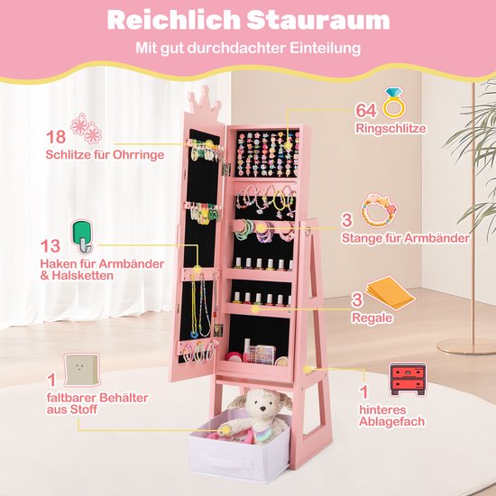 COSTWAY Sieradenkast voor kinderen, 3-in-1 spiegelkast, kantelbaar, met full -body spiegel en opbergmand, sieradenorganizer in kroonvorm voor kinderen vanaf 3 jaar (roze COSTWAY Sieradenkast voor kinderen, 3-in-1 spiegelkast, kantelbaar, met full -body spiegel en opbergmand, sieradenorganizer in kroonvorm voor kinderen vanaf 3 jaar (roze