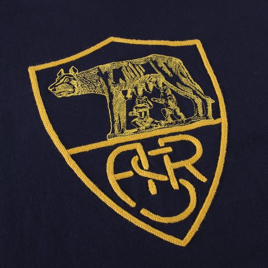 Donkerblauw T-shirt met geel geborduurd AS Roma wapenschild.