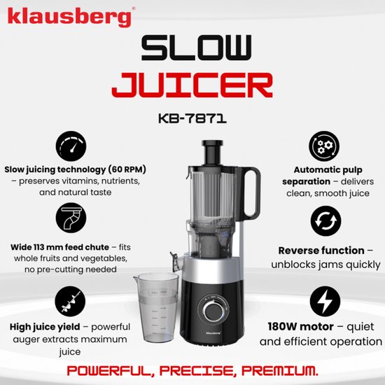 Klausberg KB-7871 Slowjuicer - Cold Press - Stille verticale juicer sapcentrifuge met brede vulopening - Fruitpers - Zwart/Zilver van Klausberg — afbeelding 2