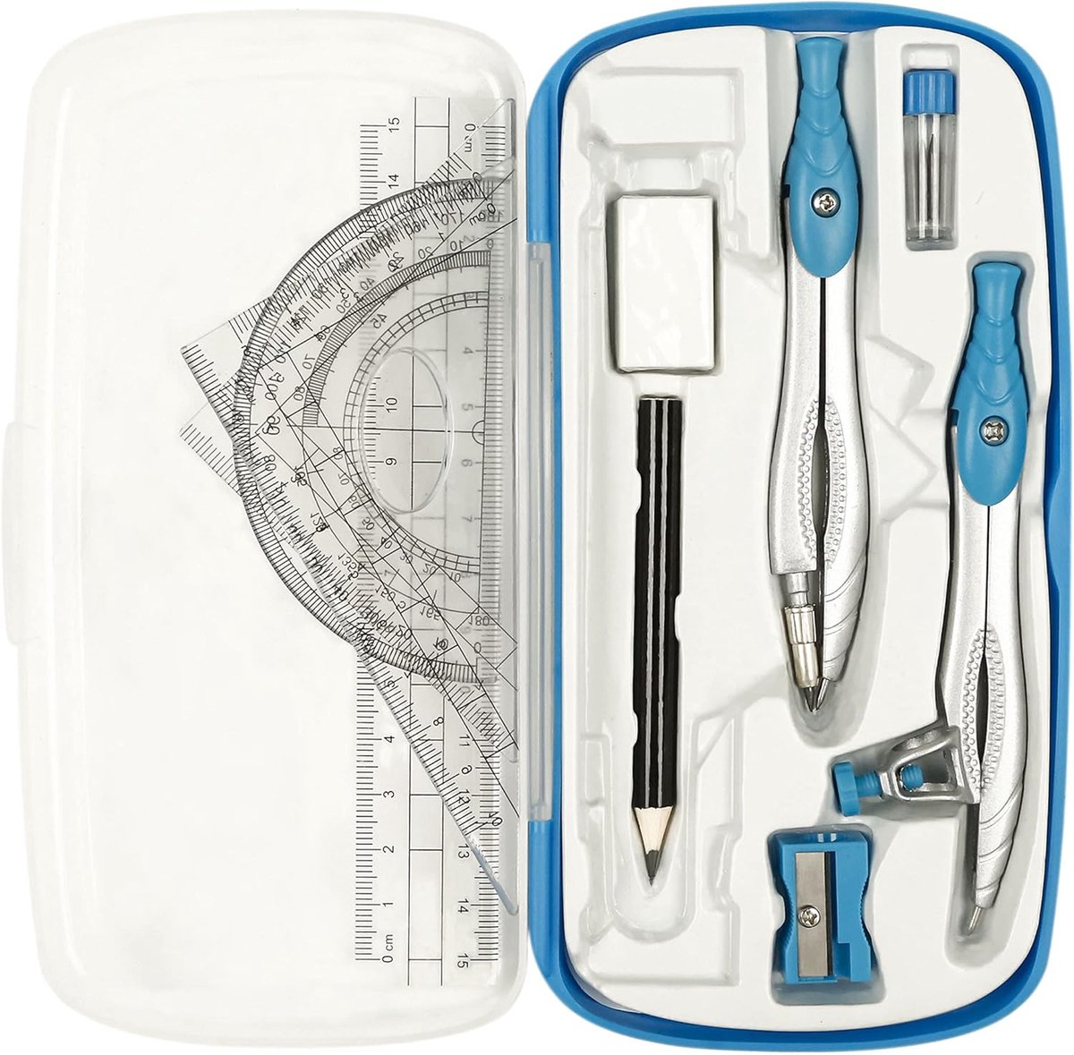Kompas en meetkundeset - 10 stuks - blauw - complete schoolset