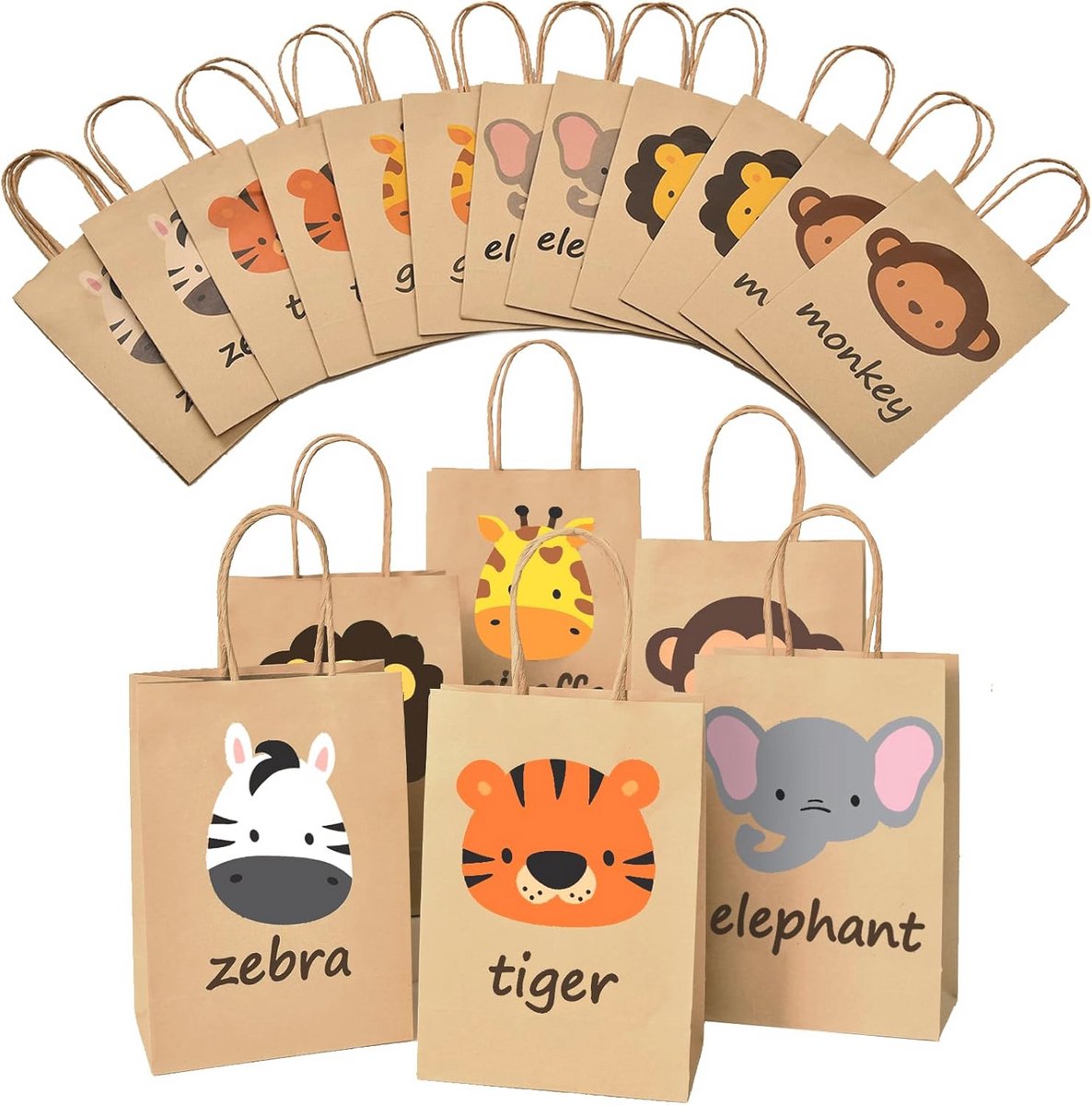 12 Jungle Dieren Feestzakjes voor Kinderfeestje - Papieren Geschenktassen met Handvatten