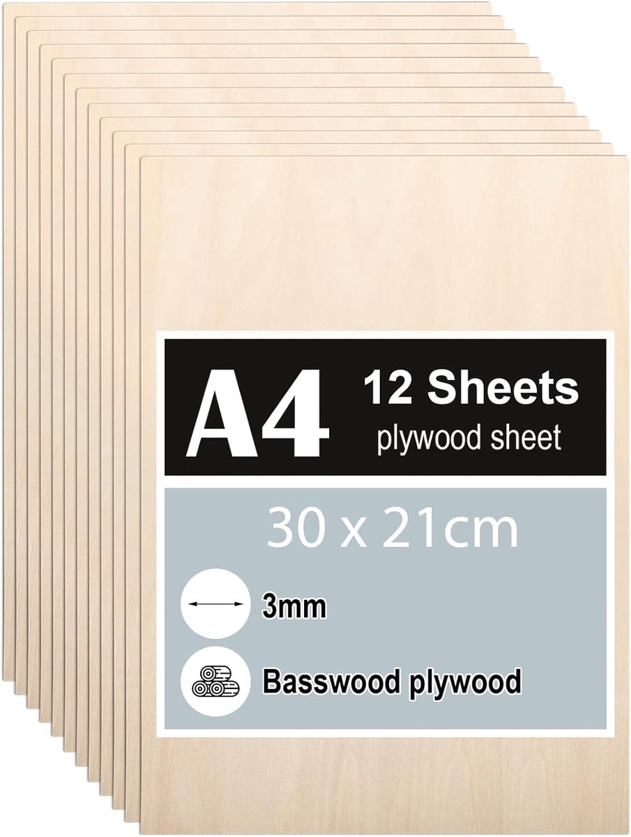 12 Stuks A4 Multiplexplaten voor Houtbewerking – Perfect voor Knutselen, Laserbewerking en Decoratie
