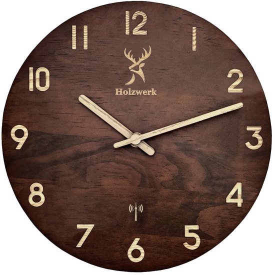 Holzwerk Germany Natuurlijk houten wandklok, houten klok, vintage, stil uurwerk zonder tikkende geluiden, Romeinse cijfers, bruin en wit, geruisloos, van handgemaakt massief hout, naturel, 30 cm