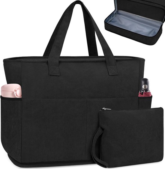 Sac de voyage noir en velours côtelé avec poignées, poches latérales pour bouteilles et une pochette séparée. L'insert montre une pochette noire ouverte.