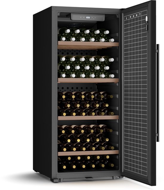 Klarstein CellarMax vrijstaande wijnkoeler - 114 flessen, 5-20°C, aanraakbediening, metalen deur, slot, alarm, 38 dB, energieklasse E