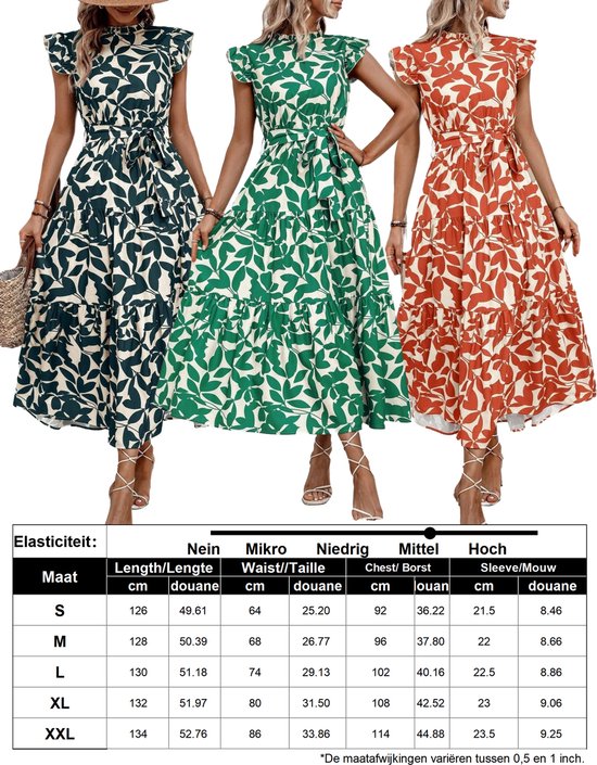 Dames casual bloemenprint, riem, hoge taille, A-lijn gelaagde jurk met ruches, lange maxi-jurk met kapmouwen