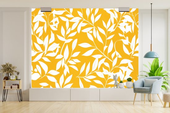 Behang - Fotobehang Bladeren - Takken - Geel - Breedte 350 cm x hoogte 260 cm