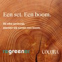 Close-up van boomringen met de tekst 'Een set. Een boom. Bij elke aankoop planten wij samen een boom.' en logo's Cocora en regenerer.