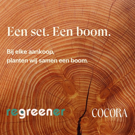 Close-up van boomringen met de tekst 'Een set. Een boom. Bij elke aankoop planten wij samen een boom.' en logo's Cocora en regenerer.