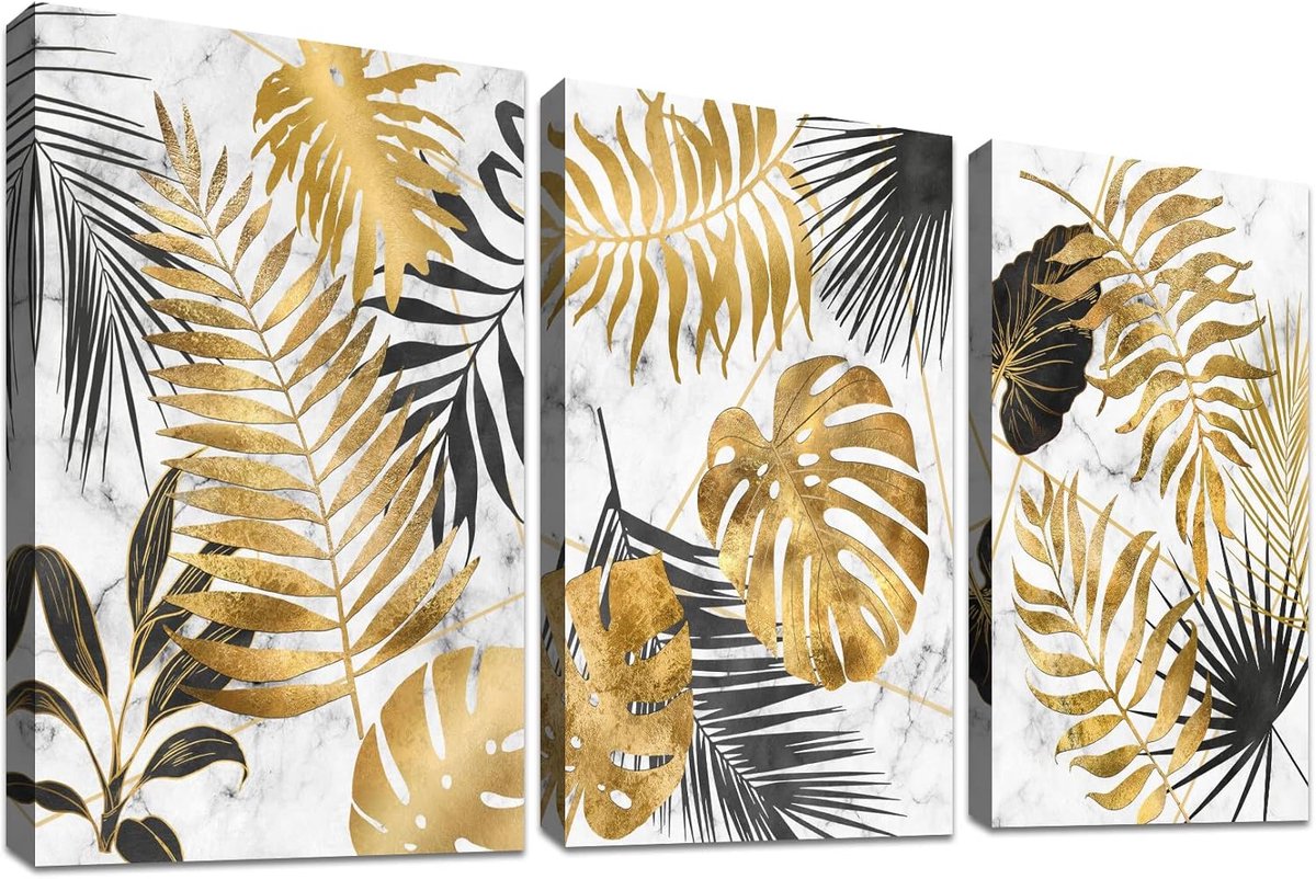 Ibenzoa Driedelig Canvas Schilderij met Marmeren Bladeren en Gouden Accenten - 120 x 60 cm