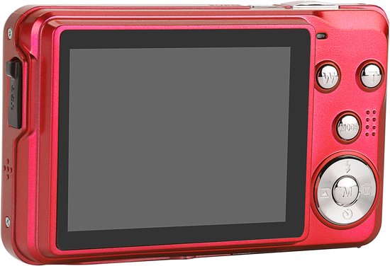 Achterkant van een rode digitale compactcamera met een groot scherm en bedieningsknoppen.