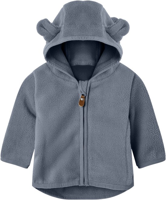 Veste polaire bleue avec capuche à oreilles et tirette de fermeture éclair marron.