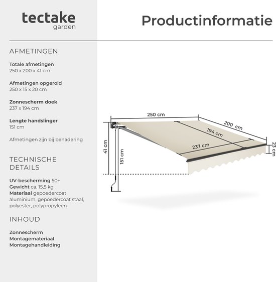 Store banne à bras articulés tectake® - 250 x 200 cm - Protection solaire pour fenêtres, balcons et extérieurs - Montage mural - Résistant à Water et aux UV - Beige