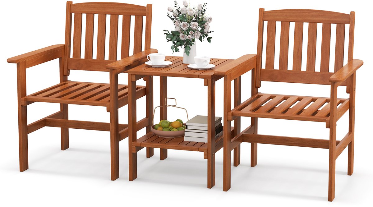COSTWAY Tuinbank met bijzettafel en parasolgat, 2-zits acaciahout, zitbank, conversatieset, terrasbank, tuinmeubelset voor balkon, tuin, terras (verticaal)