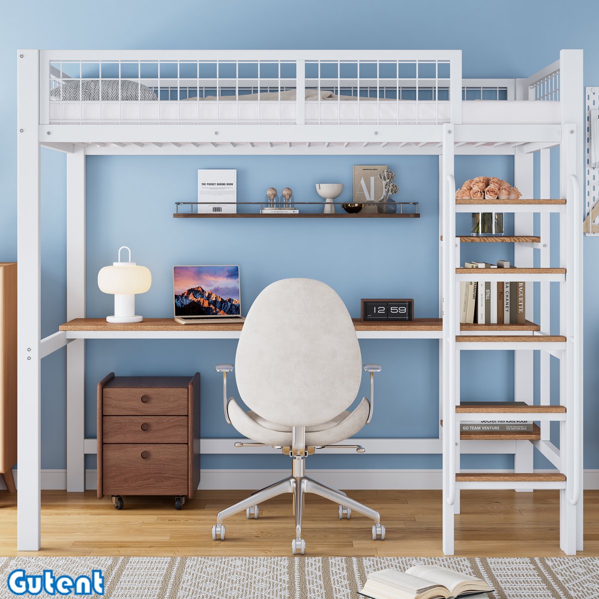 Gutent Hoogslaper - Ijzeren bed - met tafel en plank - met 5 treden ladder - met leuning - Ijzer + MDF - Wit + Naturel - 90x200cm - Zonder matras-Geen stoelen