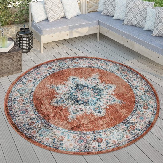 Paco Home Binnen- en buiten vloerkleed, terras en balkon, weerbestendig modern geometrisch patroon, Maat: 120 cm rondje, Kleur:Beige