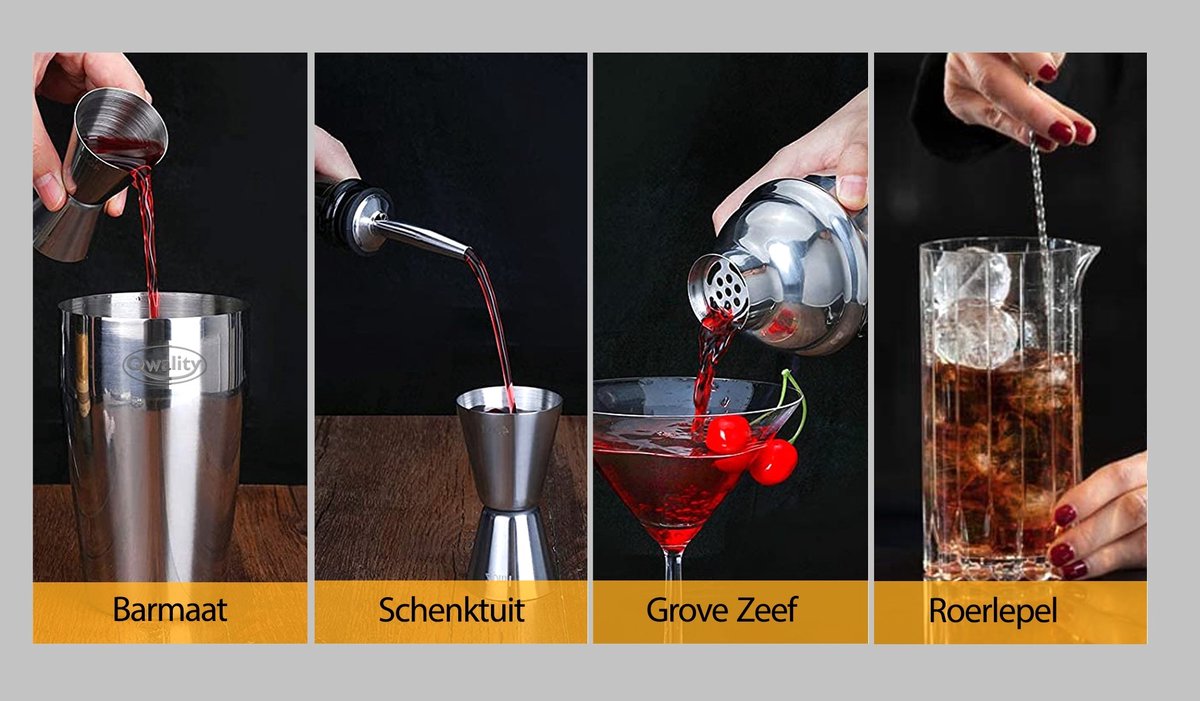 Cocktail Shaker Set (750 ml) - Cocktail Set - Luxe Cadeau voor hem of haar - Cocktailset - Zilverkleurig - Qwality® — cadeau in Kookcadeaus - foto 8