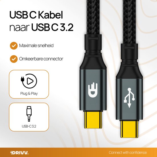 Câbles USB-C gris avec gaine tressée noire, connecteurs jaunes et icône "Plug & Play".