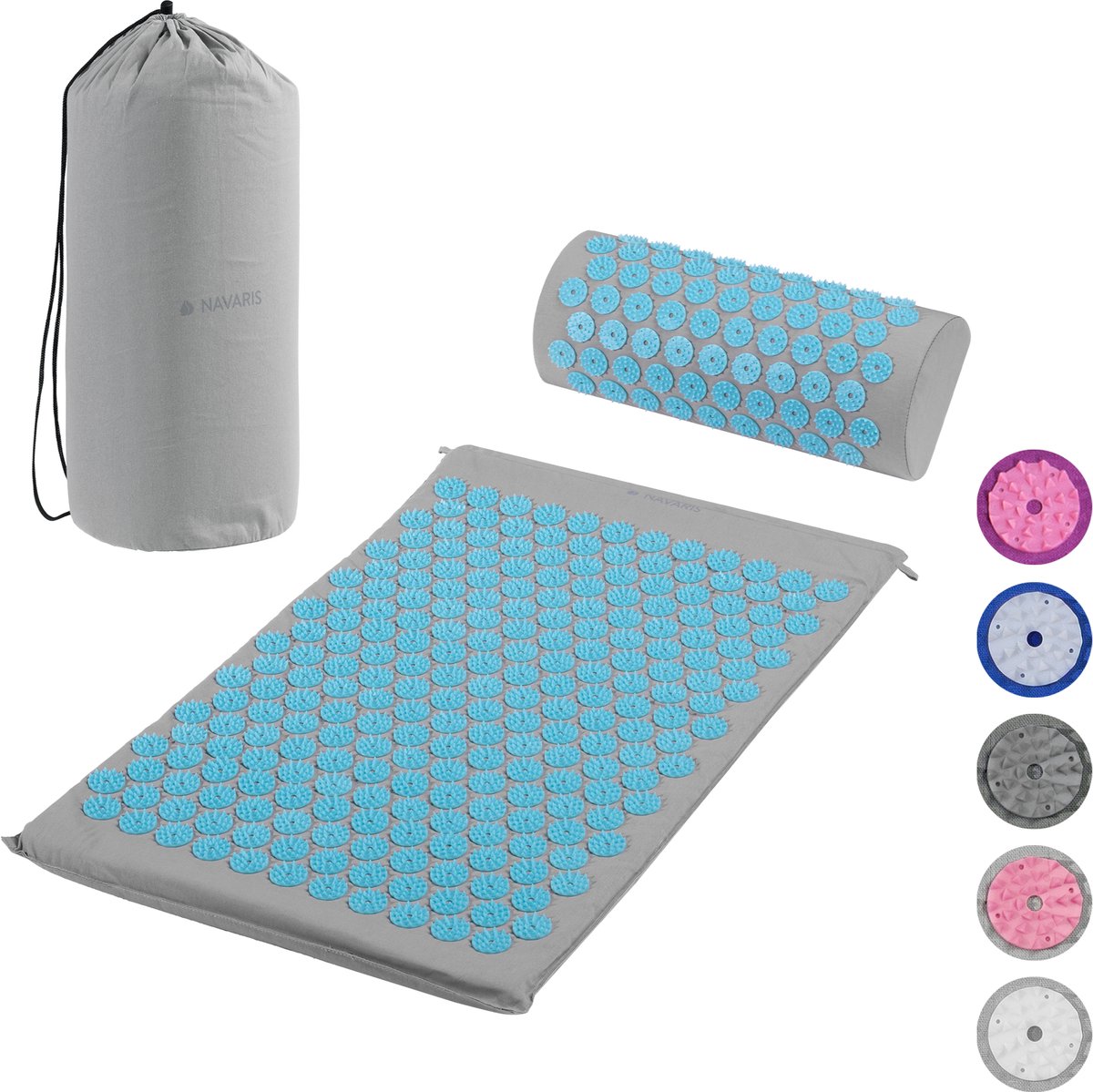 Goedkoopste Navaris acupressuurmat met kussen - Spijkermat - Voor rug, nek, schouders, spieren en ontspanning - Inclusief draagtas - Grijs/Blauw