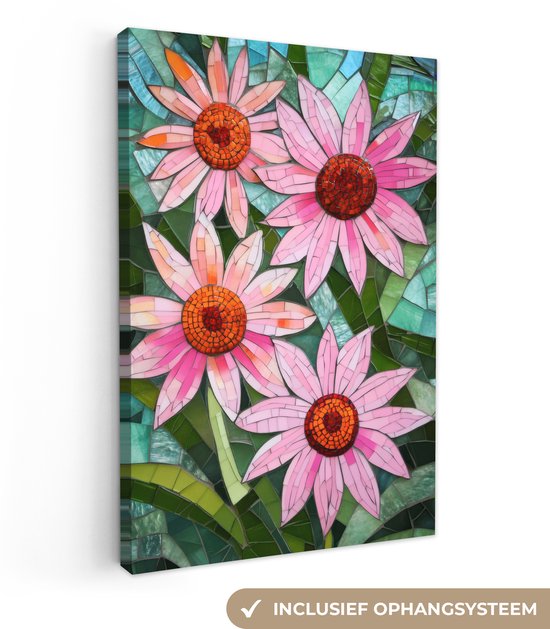 Canvas schilderij 80x120 cm - Exclusieve wanddecoratie Bloemen - Roze - Glasmozaïek - Muurdecoratie woonkamer - Slaapkamer decoratie - Kamer accessoires - Schilderijen op canvas