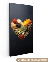 Canvas schilderij 20x40 cm - Exclusieve wanddecoratie Specerijen - Mix - Hartvorm - Zwart - Muurdecoratie woonkamer - Slaapkamer decoratie - Kamer accessoires - Schilderijen op canvas