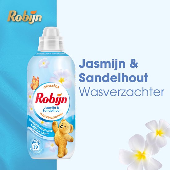 Fles Robijn Jasmijn & Sandelhout wasverzachter met de tekst Jasmijn & Sandelhout en een teddybeer.