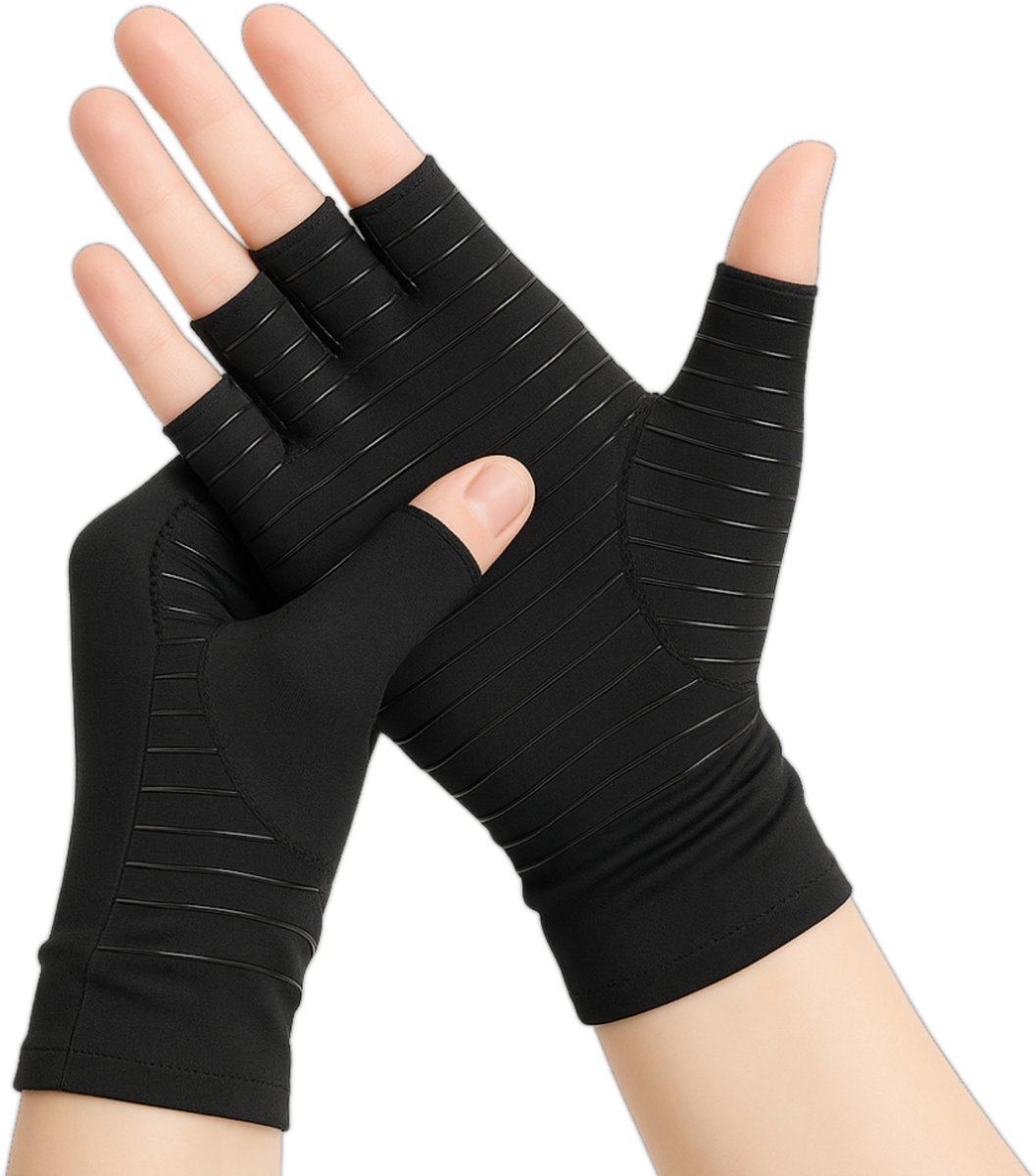 Trebin Reuma Handschoenen met Antislip - Compressie Handschoenen - Dames en Heren - Artrose - Reuma - Artritis - RSI - CTS - Maat XL - Zwart