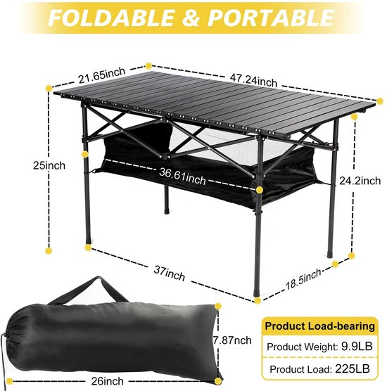 Campingtafel - Kampeertafel - Picknicktafel - Inklapbaar - Met Opbergruimte - Met Draagtas - Zwart — afbeelding 5
